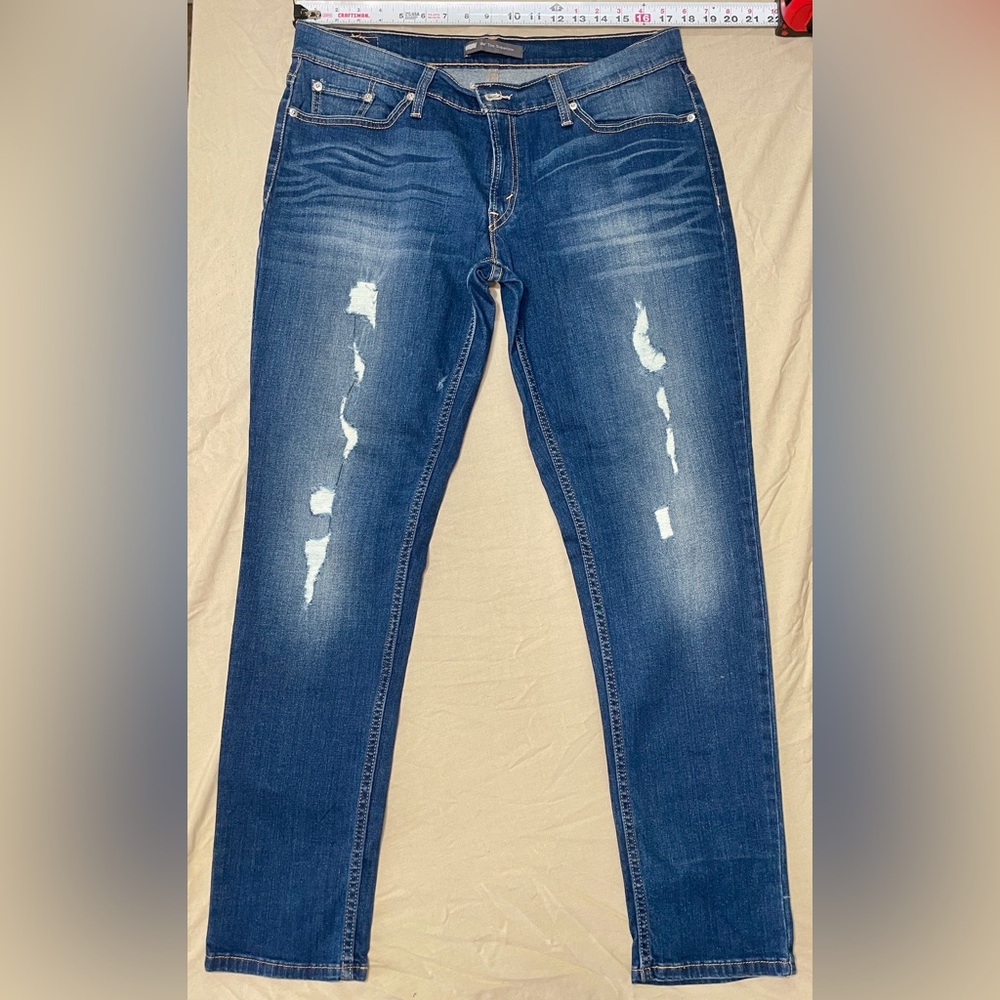 Levi's Women's Straight Jeans Blue Denim Distressed Ultra Low Rise 5-Pocket